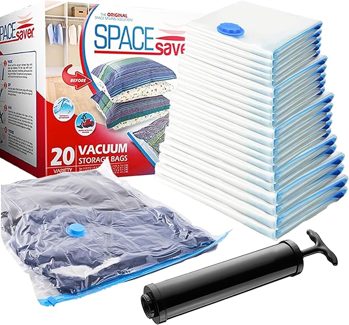 20-Pack Variety Vacuum Storage Bags for Comforters, Blankets & Clothes – Vacuum Sealed Compression Bags with Hand Pump – Space Saver Storage Bags for Bedding,Travel & Organization (5S, 5M, 5L & 5XL)