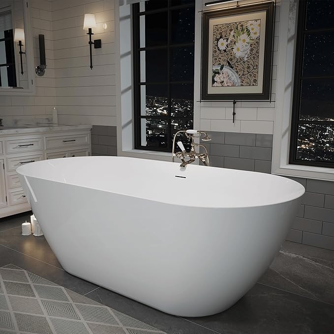 ABRUZZO 63" Acrylic Freestanding Bathtub - Oval Deep Soak Tub, Center Drain & Overflow, cUPC Certified Glossy White