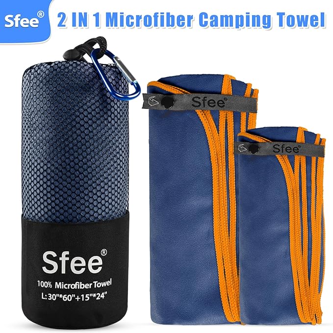 Sfee 2 Pack Microfiber Travel Towel, Quick Dry Towel Camping Towel Beach Towel Super Absorbent Compact Lightweight Sports Gym Towels Set for Beach, Gym, Hiking, Pool, Backpacking, Bath, Yoga