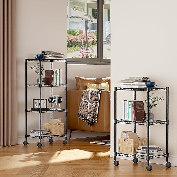 4-Shelf Adjustable Heavy Duty Steel Wire Rack, Adjustable Storage Shelving Unit with Wheel for Kitchen, Garage, Laundry Black 11.8" D x 17.7" W x 40.8" H