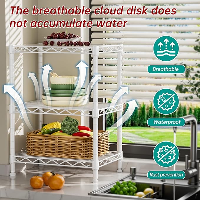 3 Tier Adjustable Storage Shelves Heavy Duty Metal Utility Shelf Wire Shelving Unit Organizer Rack for Home Kitchen Office Bathroom Pantry Room 12" D x 18" W x 30" H