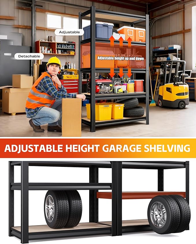 AOAORRG Set of 5 Storage Shelves, 5-Tier Heavy Duty Garage Shelving, 45.6" W Metal Shelving, Home Storage Shelf, Adjustable Shelving Unit, for Basement Warehouse, 45.6" Wx17.7 Dx71.2 H, Black