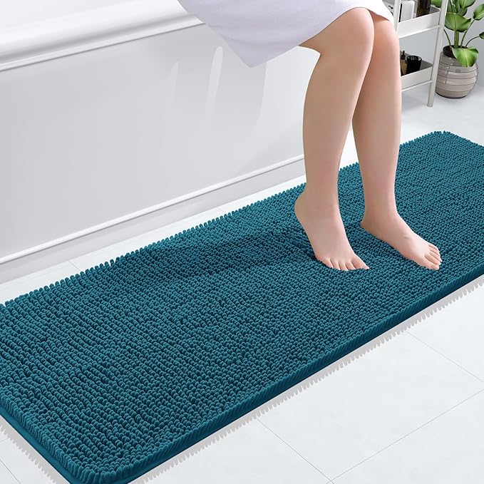 OLANLY Bathroom Rugs 59x20, Extra Soft Absorbent Chenille Bath Rugs, Rubber Backing Quick Dry, Machine Washable Bath Mats for Bathroom Floor, Tub and Shower, Home Decor Accessories, Peacock Blue