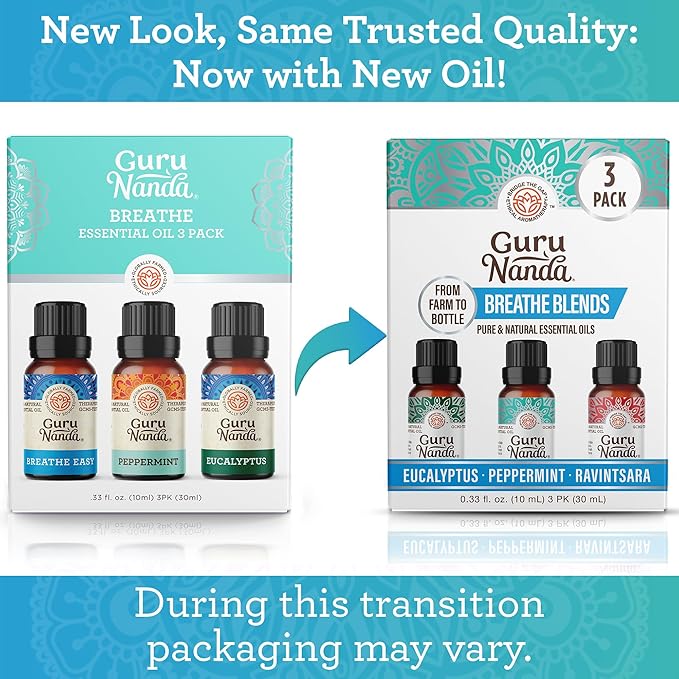 GuruNanda Breathe Essential Oil Set (Pack of 3 x 0.34 Fl Oz) - 100% Pure, Natural & Undiluted Diffuser Oils for Aromatherapy - Helps Support Clear Breathing - Suitable for Massages & DIY Recipes