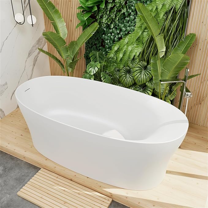 GIVINGTREE 63'' Freestanding Solid Surface Resin Stone Bathtub, Contemporary Design Stand Alone Tub with Pop-up Drain and Overflow, cUPC Certified (PO1072-White)