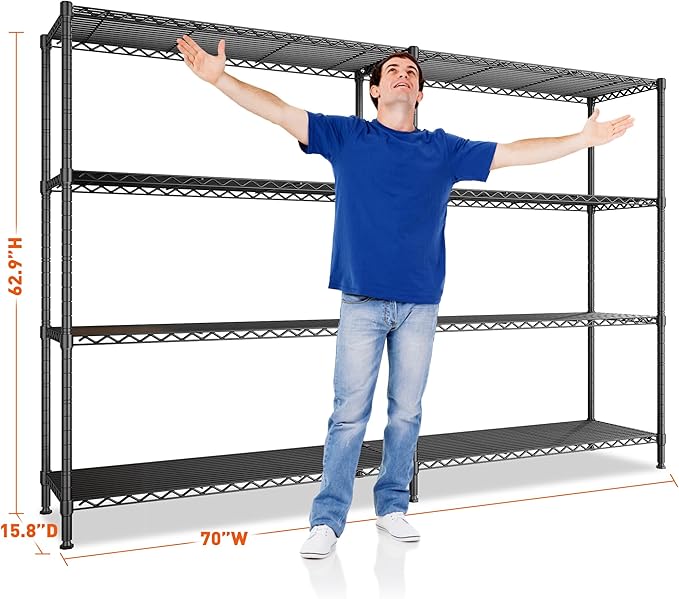 REIBII 70"W Metal Shelving, Storage Shelves 4-tier Wire Shelving Unit Load 1240LBS Metal Shelves for Storage Adjustable Shelving Rack for Pantry Kitchen Commercial school Garage 70"W*15.8"D*62.9"H