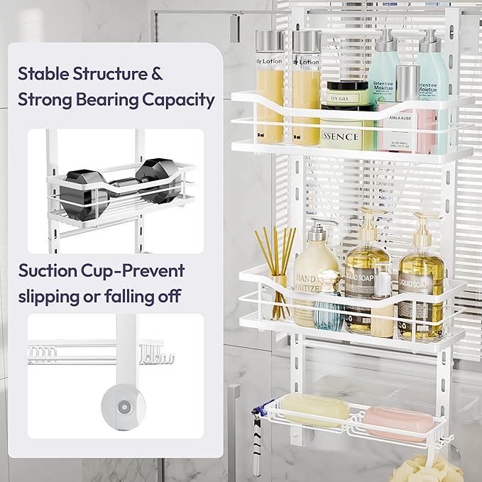 SWTYMIKI Over the Door Shower Caddy - 3 Tier Adjustable Shower Organizer Hanging with Soap Holder, No Drilling Stainless Steel Bathroom Hanging Caddy for Body Wash, Shampoo, Soap, Razor, White