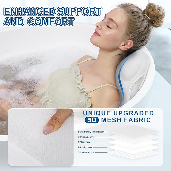 Full Body Bath Pillow for Tub - Extra Long & Thick Tub Pillow with Head, Back & Lumbar Support, 168 Non-Slip Suction Cups, Soft 5D Mesh Spa Cushion, Fits All Tubs-Gift for Soaking