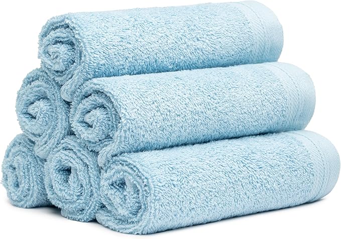 100% Cotton Washcloths Set 13” x 13” | Sky Blue Towels | Set of 6 Ultra Soft and Highly Absorbent Washcloths Sets for Bathroom, Gym, Spa | Machine Washable Face Towel