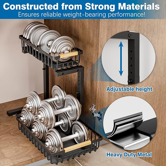Under Sink Organizers, 2 Tier Pull Out Under Cabinet Organizer，Height Adjustable Pull Out Cabinet Drawers, Metal Sliding Drawer for Kitchen Bathroom Pantry Cabinet Closet Organization Rack，1 Pack