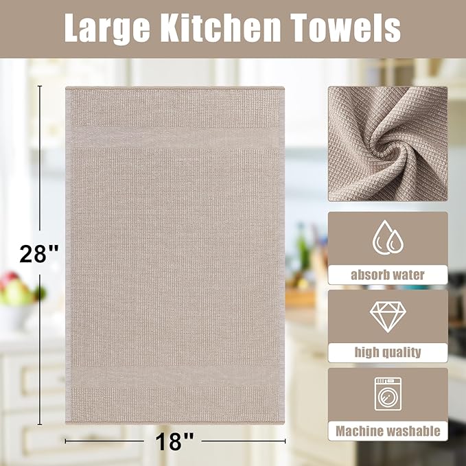 Homaxy Premium Kitchen Towels(18”x 28”, 8 Pack), Large Cotton Kitchen Hand Towels, Flat and Terry Dish Towels, 380 GSM Highly Absorbent Tea Towel Set with Hanging Loop, Khaki