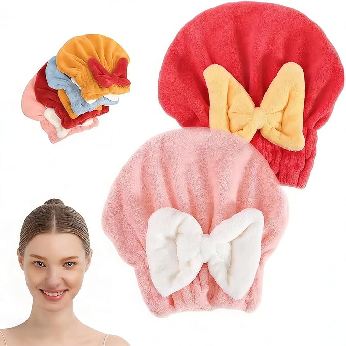 (2PC Red + Pink) Women's Super Absorbent Towel Pack Ultra Fine Fiber Quick Drying Towel Soft Bow Tie Set to Reduce Hairiness Lightweight Hair Blow Towel Suitable for All Hair Types