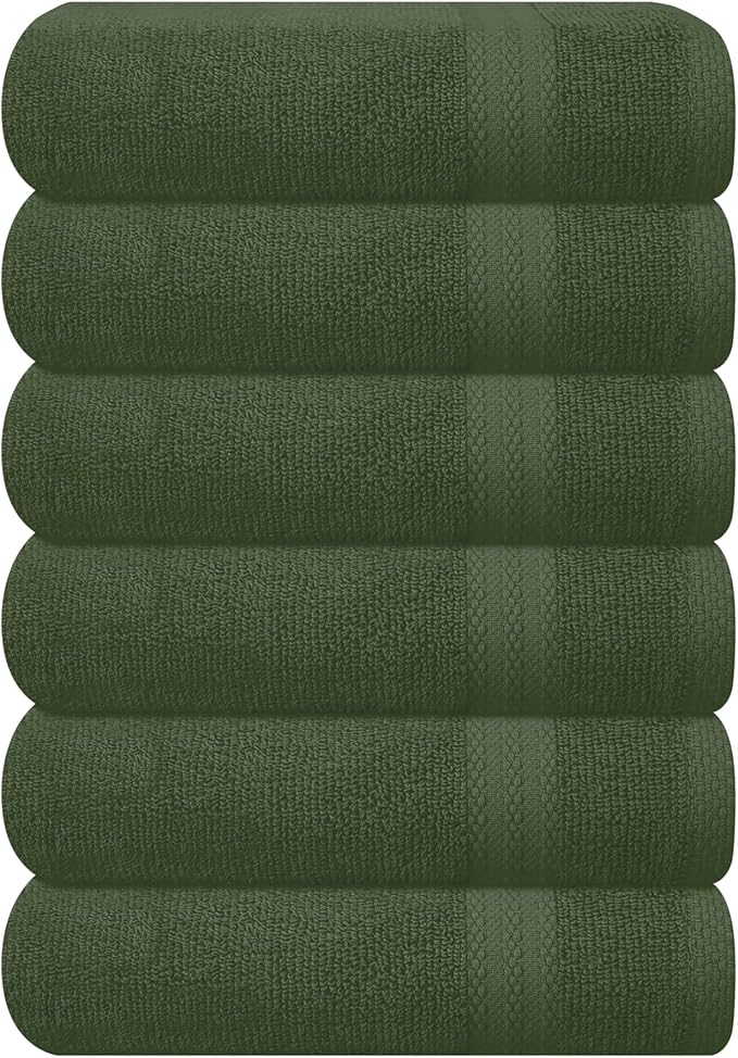 GLAMBURG Ultra Soft 6-Piece Hand Towel Set 16x28-100% Ringspun Cotton - Durable & Highly Absorbent Hand Towels - Ideal for use in Bathroom, Kitchen, Gym, Spa & General Cleaning - Olive Green
