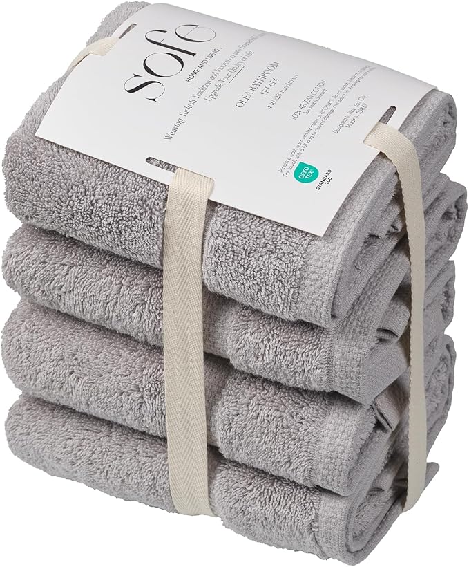 SOFE H&L | Olea Luxury Turkish Cotton Hand Towels Set of 4 Cool Gray | Premium, Soft, Durable, Absorbent | Hotel Quality Plush Towels and Thick Towel Sets