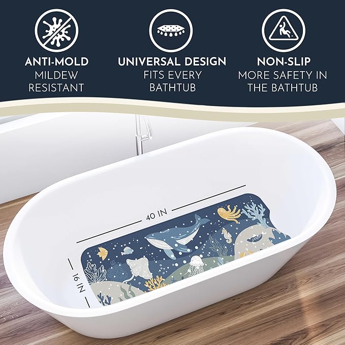 Homerella Baby Bath Tub Mat | Anti Mold Mildew Resistant Non Slip Kids and Adult Bath Tub Shower Mats | 40x16 inch Long with Suction Cups for Secure Grip Hooks for Storage & Drying | Machine Washable
