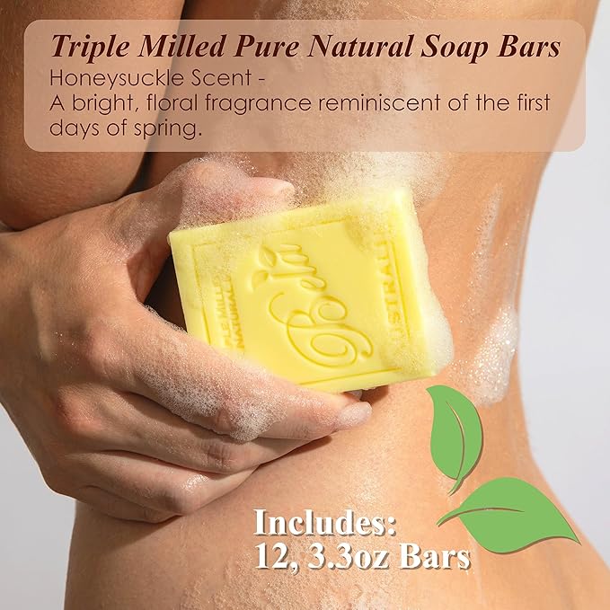 BELA Honeysuckle Soap 3.3 OZ Pack of 12, Long lasting French Triple Milled Bar Soap with Organic Shea Butter, Hand, Face and Body Wash Bar, Made in Australia