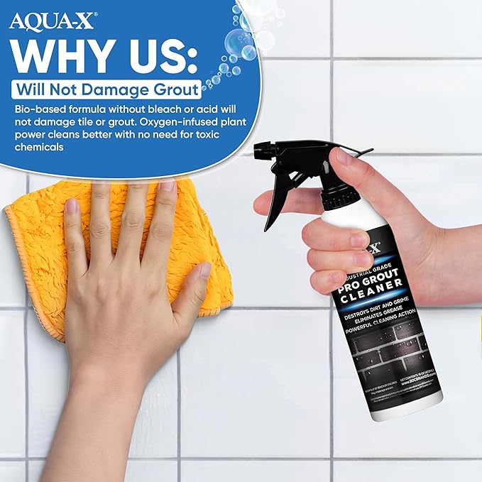 AQUA-X Grout Cleaner 16oz - Heavy Duty Tile & Grout Stain Remover for Floors, Showers & Bathrooms - Deep Cleaning Formula for Bright, White, & Sealed Grout - Non-Toxic, Easy Scrub