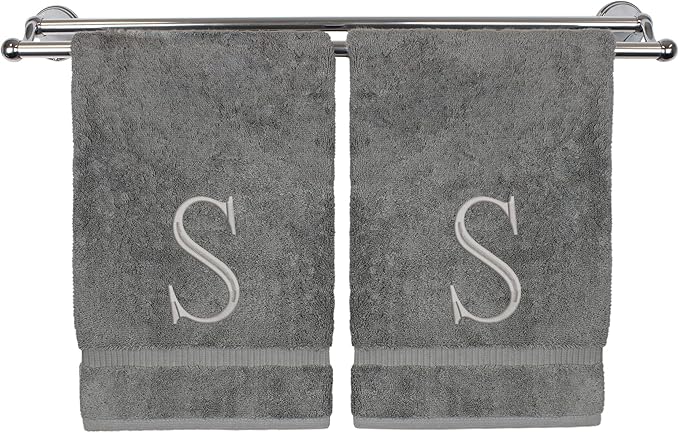 Monogrammed Hand Towel, Personalized Initial Gift, Extra Absorbent 100% Turkish Cotton - Soft Terry Finish - Set of 2 - Silver Block Initial S - Embroidered on Grey Towels