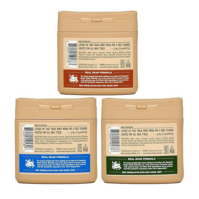 Dr. Squatch NEW Body Wash for Men with Nourishing, Natural Ingredients | No Paraben, Phthalate, Sulfate | All Day Moisturization | Pine Tar, Wood Barrel Bourbon & Fresh Falls (8 oz, 3-Pack)
