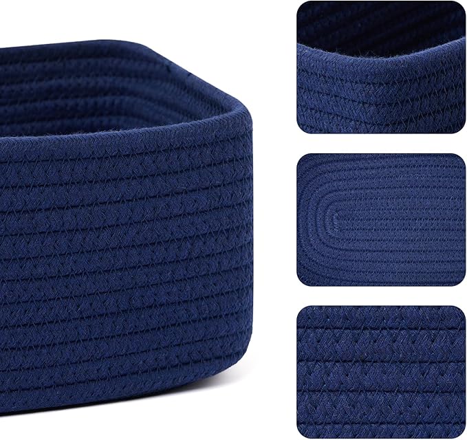 Small Storage Baskets for Organizing | Closet Organizer Bins | Shelf Toy Basket | Woven Rope Baskets | Cube Decorative Box | Shallow Basket | 11.5x7.5x4.7” | 3 Packs Navy Blue