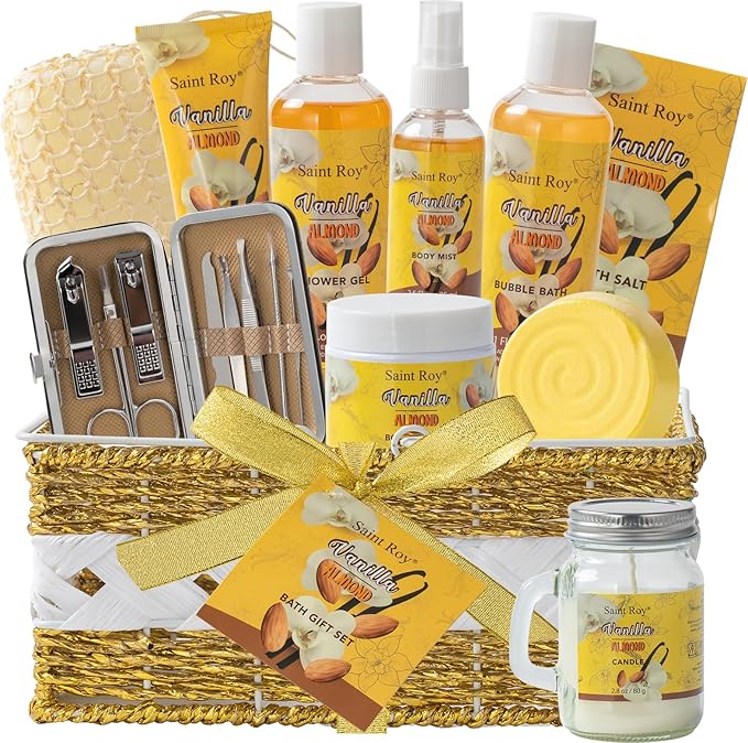 Bath & Body Gift Set, 19pcs Vanilla & Honey Almond Scents Bath Gift Baskets Home Spa Gift, Bath Spa Kit For Women and Men Luxury Home Spa Bath Gift Basket, Skin Care Gift Set, Spa Gifts, Pamper Gifts