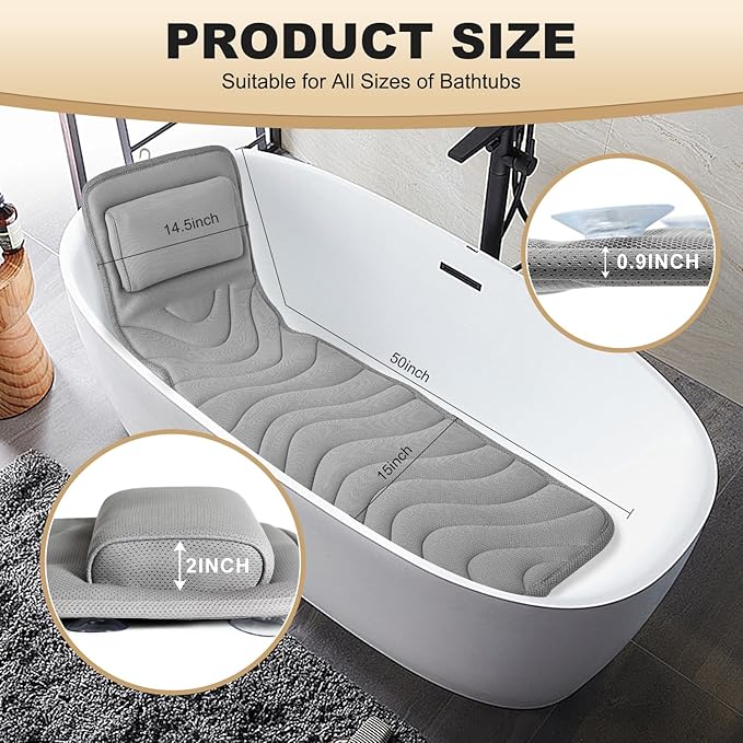 Full Body Bath Pillow for Bathtub, Non-Slip Bath Pillows for Tub, Spa Bathtub Pillow Cushion for Headrest Neck Shoulder and Back Rest Support，Relaxation Spa Accessories-50 x 15" (Grey)