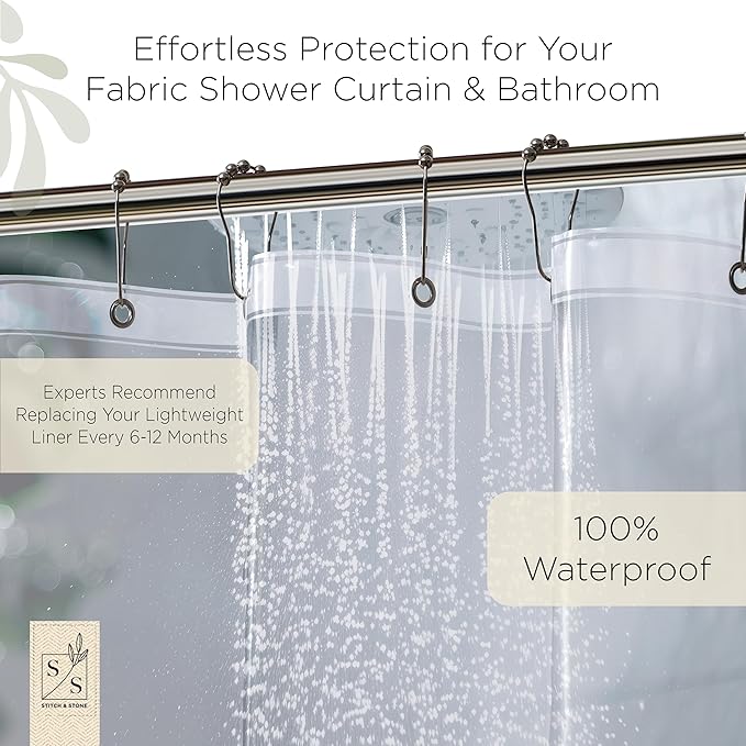 Stitch & Stone Shower Curtain Liner, Premium Medium Weight Durable Waterproof 6g PEVA for Bathroom with Weighted Magnets, Extra Long 72" x 78", Clear 1 Pack