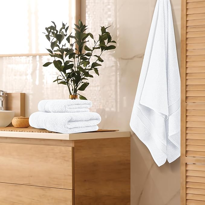 Belizzi Home Ultra Soft 3 Pack Cotton Towel Set, Contains a Bath Towel 28x55 inch, a Hand Towel 16x24 inch & a Wash Coth 12x12 inch, Ideal Everyday use, Compact & Lightweight - White
