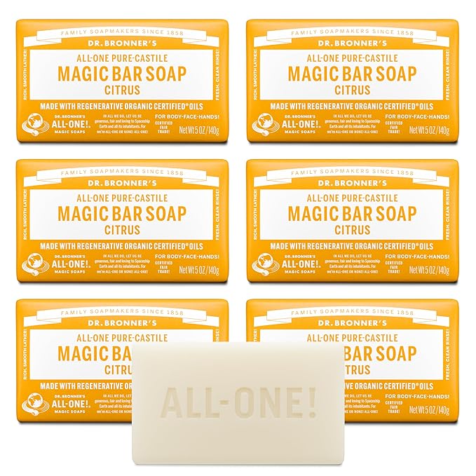 Dr. Bronner's Pure-Castile Magic Soap Bar (Citrus, 5 oz, 6-Pack)- Bath Soap with Regenerative Organic Certified Oils - For Face, Body & Hair - Gentle, Vegan - Bars for Men & Women