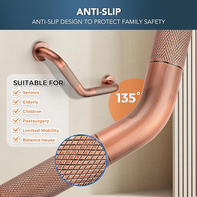 Grab Bars for Bathtubs and Showers- 1-1/4 x 16 Angled Shower Grab Bar for Seniors Knurled Stainless Steel Handicap Grab Bars for Wall (Antique Copper, 1 Pack)