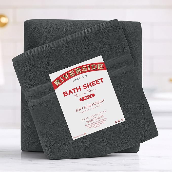RIVERSIDE Pack of 2 Extra Large Bath Sheets 35 x 70 Inches - 100% Ring Spun Cotton Hotel Quality Oversized Bath Towels - Super Soft, Highly Absorbent & Quicker to Dry - Grey