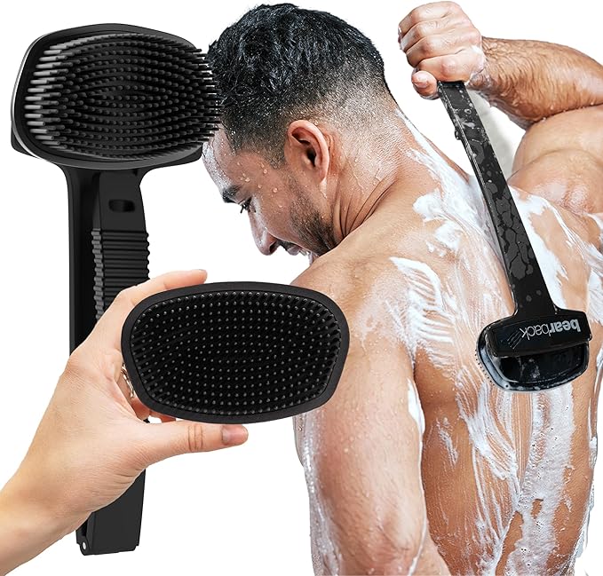 Bearback Silicone Body Scrubber with Extendable Handle – Back Scrubber for Shower, Men & Women – Removable Soft Brush, Gentle, Hygienic & Easy to Use