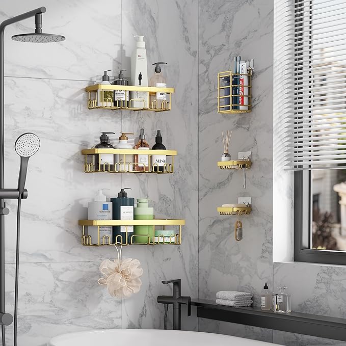 Veken Adhesive Shower Caddy 6-Pack,Gifts for Women Mom,Heavy Weight Bearing,Large Wall Mounted Bathroom Shelves Rack,Organizer Storage Accessories with Soap Dish&Toothbrush Holder,Bright Gold