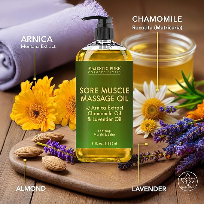 MAJESTIC PURE Arnica Sore Muscle Massage Oil for Massage Therapy - Refreshing, and Relaxing - Natural Oils with Lavender & Chamomile Essential Oils - All Skin Types - Men & Women - 8 fl oz (Pack of 2)