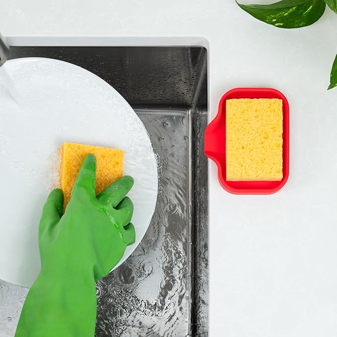 Zulay Kitchen Small Silicone Sponge Holder (4.9x3.3”) – Space-Saving Sink Organizer Tray for Sponge, Soap, Brush & More – Compact Non-Slip Dish for Kitchen & Bathroom (Red)