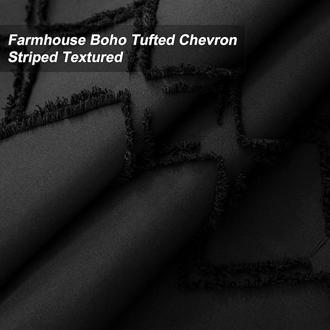 No Hooks Required Boho Farmhouse Shower Curtain Tufted Chevron Striped with Snap in Liner - 72W x 80H, Water Resistant Hotel Grade Spa Like Bathroom Curtain Set, Black