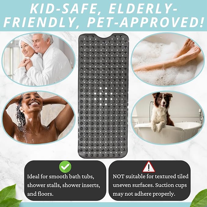 ENKOSI Bath Mat - Large Non Slip Bathtub & Shower Mat - Extra Long 40 x 16 Inch Bathroom Mats for Tub Nonslip Anti Slip Bathmats (40x16 Charcoal 1-Pack)