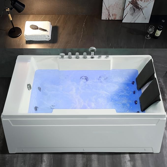 Empava 1125W Whirlpool Tub,72" x 48" Jetted Bathtub for 2 Person, Hydro Massage & Chromatherapy,ETL Certified,3 Sided Apron,Acrylic ,110 Gallons,Left Drain