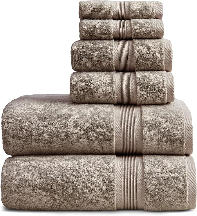Springtree Home Luxury Bamboo Rayon Bath Towel Set 6 Piece Set | 35% Bamboo Rayon - 65% Cotton | Absorbent Quick-Dry Towels for Bathroom | Oeko-TEX Standard 100 Cotton | Cobblestone