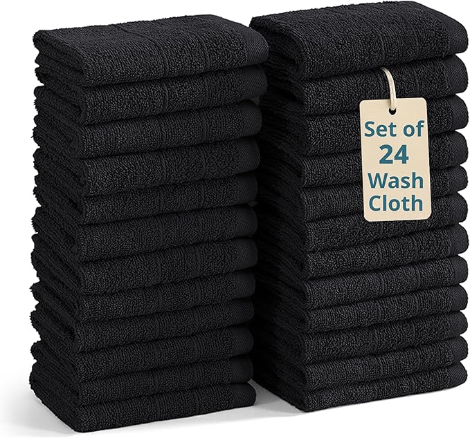 Casa Platino 100% Cotton Washcloths 24 Pack - Spa & Salon Quality Face Cloths - Ring Spun, Soft & Absorbent Wash Cloths for Body, Beauty, Home, Gym - Fingertip Towels Set- 13"x13", Black Towels Set