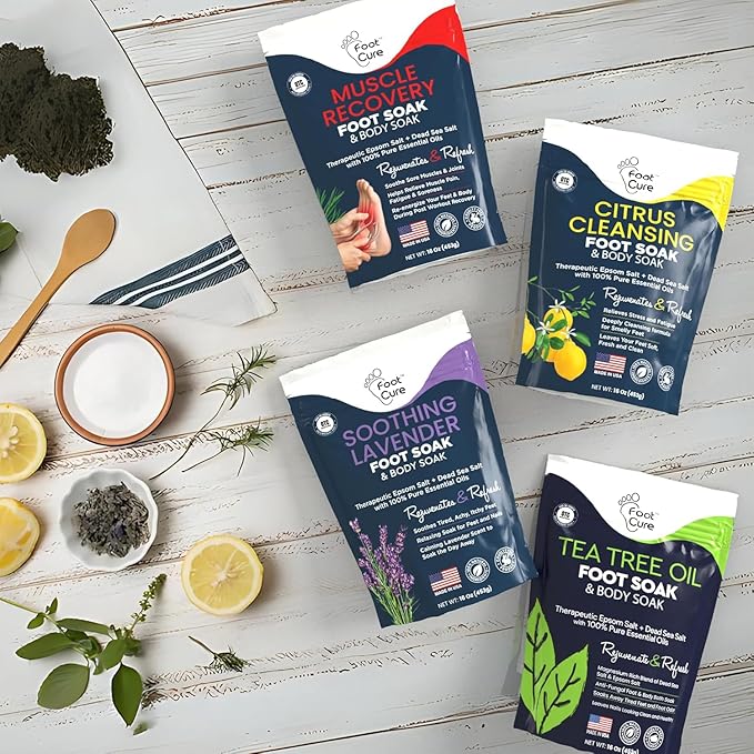 FOOT CURE Premium Epsom Salt Foot Soak - Tea Tree Oil Foot Soak for Athletes - Relaxing Foot Bath with Fungal Support - Foot Soaking Salts & Oils - Soothing for Tired Feet & Calluses (Pack of 4)