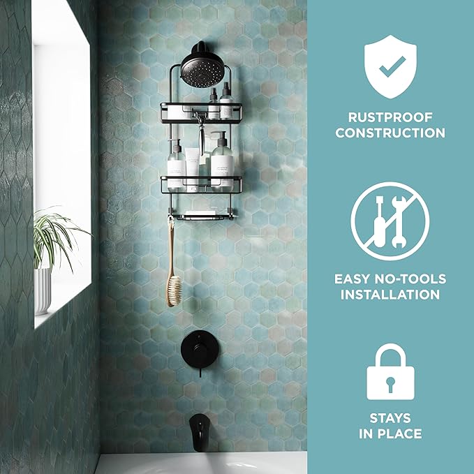 Zenna Home Rustproof Hanging Shower Caddy, Over the Shower Head Caddy with 2 Shelves and Built In Hooks, Aluminum Bathroom Hanging Organizer, Bronze