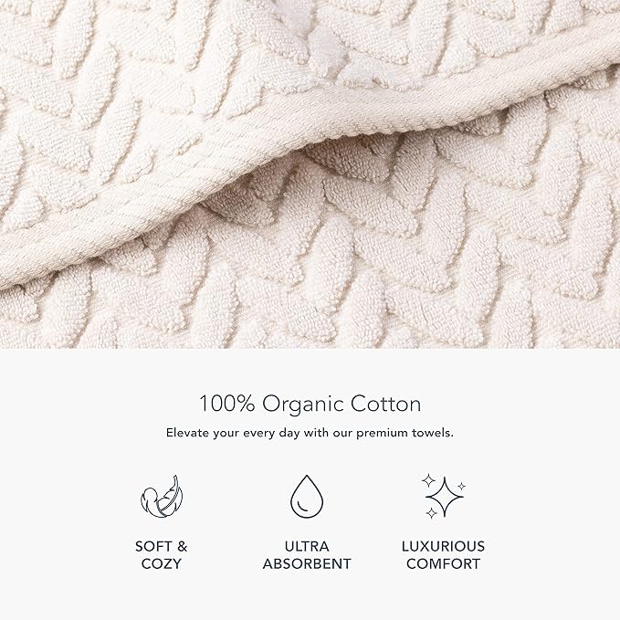 Texere 100% Organic Cotton Jacquard 650 GSM Premium Bath Towel Sets - Extra Absorbent Quick Dry and Plush (Cable, Birch, 4 Bath Towels)