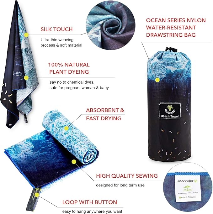 4Monster Microfiber Beach Towel Quick Dry,Super Absorbent Lightweight Travel Towel for Swimmers, Sand Free Camping Towel, Beach Towels for Pool,Swim,Water Sports,Yoga