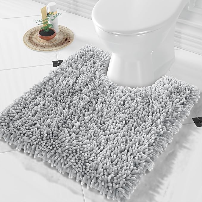 Yimobra Toilet Rugs U Shaped Washable, Extra Thick Soft Absorbent Chenille Contour Bathroom Rugs for Toilet 24x20 Inch, Quick Dry Non Slip Toilet Mat for Bath Floor, Light Grey