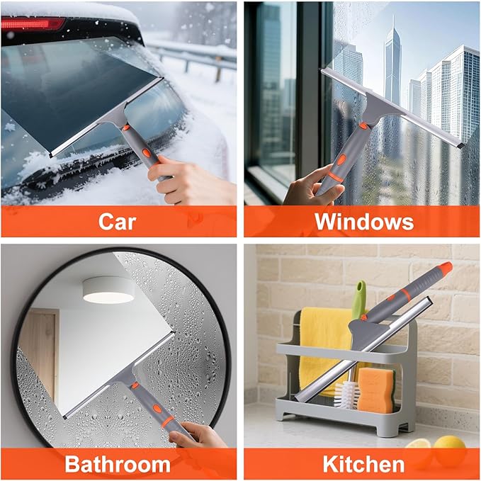ITTAHO Swivel Shower Squeegee for Glass Doors, All-Purpose Anti-Slip Window Squeegee with 2 Blades, Window Cleaner Tool Bathroom Squeegee for Shower Doors, Tile Shower Walls，Mirrors,Car Windshields