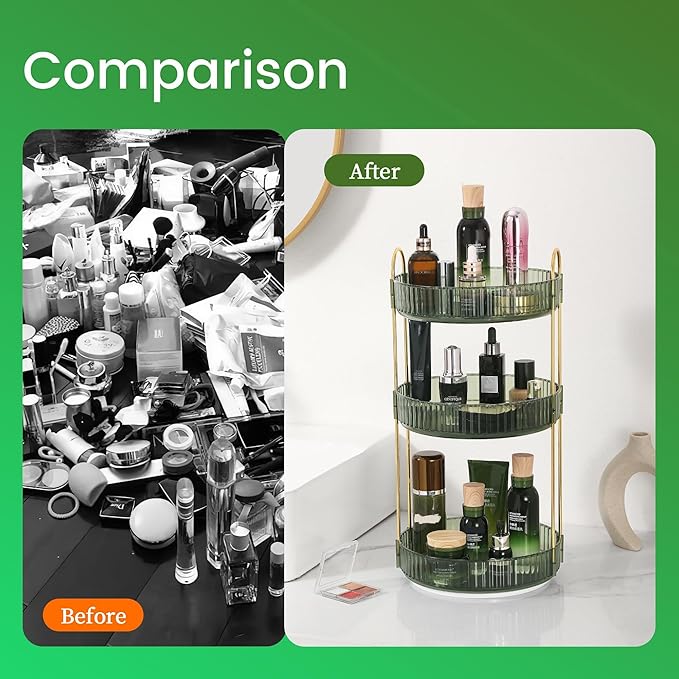 Rotating Makeup Organizer for Vanity, Perfume Skin Care Organizers Large, Bathroom Counter Make Up Cosmetic Storage, Clear Spinning Skincare Lipstick Holder,3 Tiers, Green
