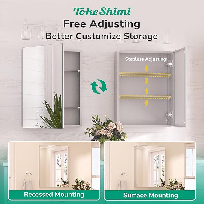 TokeShimi 40 x 26 Farmhouse Medicine Cabinet Recessed or Surface Mount Aluminum, Mirror with Stepless Adjustable Storage, Silver Bathroom Mirror Medicine Cabinet Frameless Metal Modern