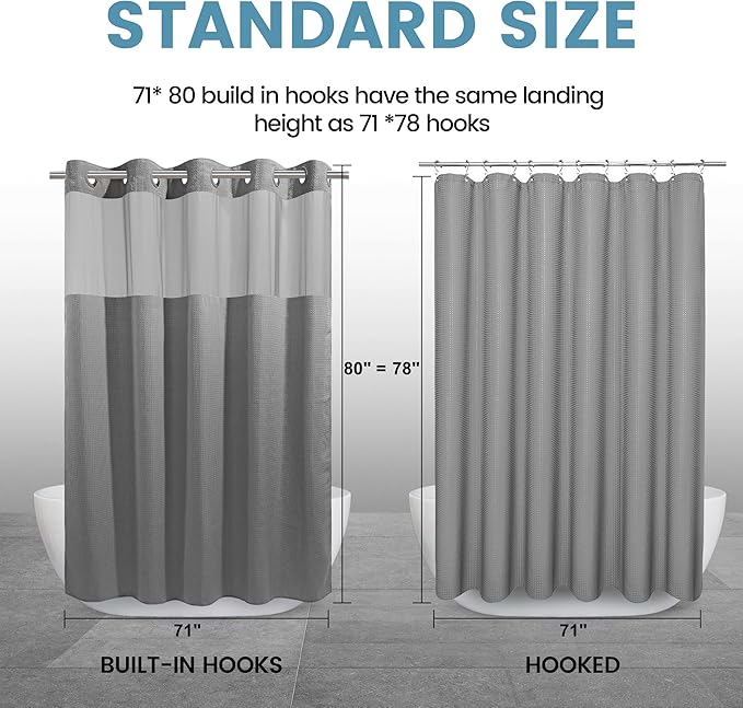 Long No Hook Shower Curtain with Snap in Liner,230GSM Waffle Weave Shower Curtains for Bathroom,71W x 80H(78"),Grey