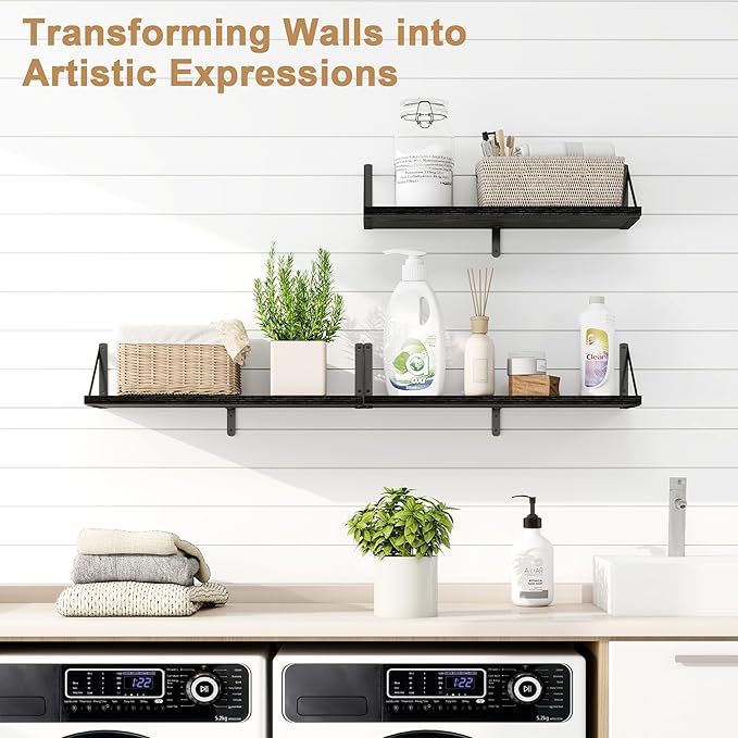 Fun Memories Floating Bookshelves, Set of 3 Wall-Mounted Wood Shelves 24" W x 8" D, Decorative Wall Shelf for Living Room, Bedroom, Bathroom, and Laundry Room (Black)